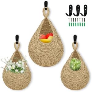 Panier de cuisine suspendu   | Paniers Suspendus pour Cuisine, Pack de 3 Paniers Muraux Tissés Boho, Paniers Suspendus pour Organiser le Stockage des Produits, Pommes de Terre et Oignons, 2 Tailles (Linge) Panier de cuisine suspendu Panier de cuisine suspendu