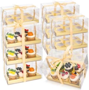 Porte-gâteaux   | 16 Ensembles de Boîtes à Cupcakes Transparentes 6 Comptes Récipients Rectangulaires pour Gâteaux de Boulangerie avec Ruban Cadeau Porte-Cupcakes en Plastique pour Mariage, Anniversaire, Fêtes de Bébé Porte-gâteaux Porte-gâteaux