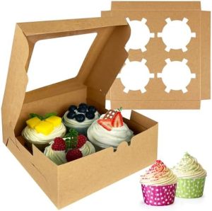 Porte-gâteaux   | 8 Boîtes à Cupcakes en Papier Marron avec 4 Cavités, Boîtes à Cookies Cadeau avec Fenêtre Transparente, 4 Contenants à Cupcakes pour Gâteaux de Pâtisserie, Boîte à Gâteaux pour Anniversaire, Fournitures de Pâtisserie Porte-gâteaux Porte-gâteaux