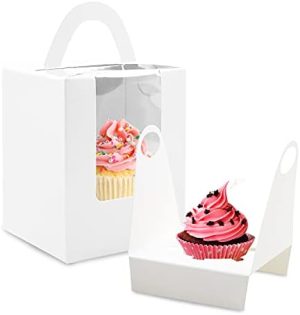 Porte-gâteaux   | Boîtes à Cupcakes, 3 Pcs Boîtes à Cupcake Individuelles Contenants à Cupcake Muffins Porte-Cupcakes Récipients en Kraft avec Fenêtre Insérée et Poignée pour Mariages Anniversaires (Blanc) Porte-gâteaux Porte-gâteaux