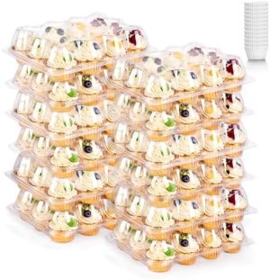 Porte-gâteaux   | Porte-gâteaux Cupcake 12 Pack – 12 Sets avec 144 caissettes à cupcakes, Conteneurs en plastique empilables pour cupcakes 12 unités, Support à cupcakes transparent avec couvercle haut détachable. Porte-gâteaux Porte-gâteaux