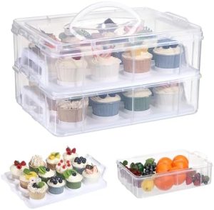 Porte-gâteaux   | Support à cupcakes à 2 niveaux, chaque niveau peut contenir 12 cupcakes, contenant empilable 2 en 1 et boîte à gâteaux avec couvercle, boîte en plastique transparent pouvant contenir 24 pâtisseries pour fournitures de fête d’anniversaire et boulangerie. Porte-gâteaux Porte-gâteaux