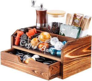 Supports pour capsules de café   | Organisateur de station de café en bois massif et acrylique avec tiroir de rangement, support à capsules de café à compartiments ajustables multi-usages pour la maison, le bureau, l’hôtel, le rangement sur le plan de travail de la cuisine pour le thé, le sucre, les tasses. Supports pour capsules de café Supports pour capsules de café