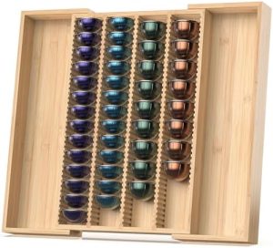 Supports pour capsules de café   | Organisateur en bambou extensible pour tiroir de comptoir – Compatible avec les capsules Nespresso Vertuo – Rangement pour sachets de thé (Naturel) Supports pour capsules de café Supports pour capsules de café