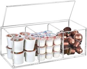 Supports pour capsules de café   | Support à capsules de café en acrylique avec couvercle pour 24 Kcup, organisateur de stockage de capsules de café transparent, organisateur de station de café à 3 compartiments compatible avec les capsules Nespresso et les crèmes. Supports pour capsules de café Supports pour capsules de café