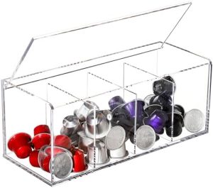 Supports pour capsules de café   | Support à capsules de café en acrylique, organisateur de capsules de café à 4 compartiments avec couvercle pour comptoir de station de café, rangement de capsules de café pour accessoires de bar à café, transparent. Supports pour capsules de café Supports pour capsules de café