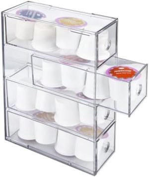 Supports pour capsules de café   | Support à capsules de café en acrylique – Organisateur transparent pour K Cup avec 4 tiroirs, organisateur de capsules de café pour espresso, Vertuo et K Pods, support de capsules de café pour comptoir de station de café. Supports pour capsules de café Supports pour capsules de café