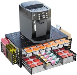 Supports pour capsules de café   | Support de capsules à café pour K-Cups, avec tiroir de rangement coulissant à 2 niveaux et support d’accessoires à café, organiseur de 63 grandes ou 80 petites capsules, noir. Supports pour capsules de café Supports pour capsules de café