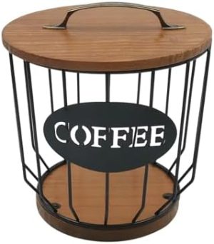 Supports pour capsules de café   | Support de capsules de café rond avec couvercle et base en bois, panier de rangement pour capsules de café en fil métallique pour décoration de comptoir de café à domicile (Noir) Supports pour capsules de café Supports pour capsules de café