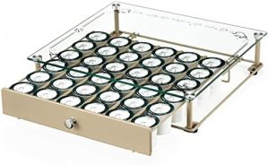 Supports pour capsules de café   | Support de capsules de café, tiroir à capsules de café en verre trempé compatible avec les capsules K Cup, capacité de 36 capsules. Organisateur de tiroir de rangement pour capsules de café pour café, bureau, cuisine. Dimensions : 14 × 13 × 3 pouces. Supports pour capsules de café Supports pour capsules de café