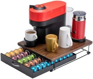 Supports pour capsules de café   | Support de capsules Nespresso tiroir pour capsules Vertuo, rangement de capsules de café pour Vertuo avec élégant dessus en bois (capacité de 50 capsules) Supports pour capsules de café Supports pour capsules de café