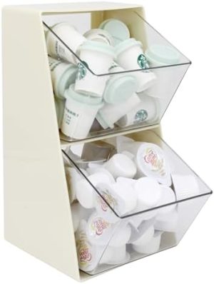 Supports pour capsules de café   | Support de dosettes de café avec 2 paniers de grande capacité, conteneur de rangement K Cup, accessoires pour bar à café pour crèmes et sucres, boîte organisatrice en plastique pour bureau, organisateur de sachets de thé, blanc crémeux / transparent. Supports pour capsules de café Supports pour capsules de café