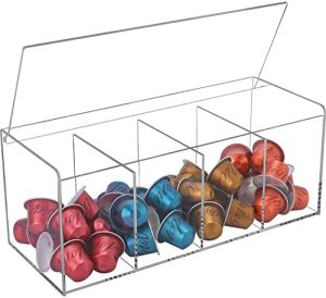 Supports pour capsules de café   | Support de dosettes de café, organisateur pour K Cup, rangement pour comptoir de station de café, compatible avec capsules Nespresso et dosettes Keurig, accessoires de bar à café, compartiment acrylique 4 avec couvercle – transparent. Supports pour capsules de café Supports pour capsules de café