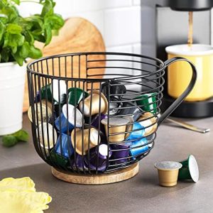 Supports pour capsules de café   | Support de dosettes de café – Rangement en fil noir à grande capacité avec base en bois – Décoration moderne pour panier à café sur le comptoir de cuisine pour dosettes Keurig K et capsules d’espresso. Supports pour capsules de café Supports pour capsules de café