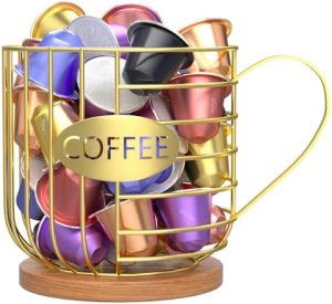 Supports pour capsules de café   | Support de K Cup pour comptoir – Rangement de capsules de café pour comptoir avec poignée – Panier à café décor pour accessoires de bar à café (Avec poignée dorée-05) Supports pour capsules de café Supports pour capsules de café