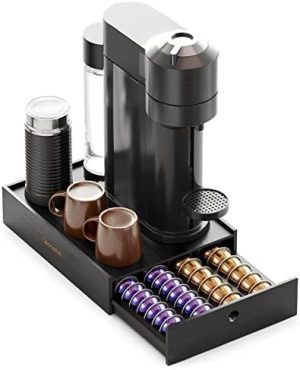 Supports pour capsules de café   | Tiroir de rangement en bambou pour capsules de café Nespresso Vertuo, tiroir organisateur pour support Nespresso Vertuo, compatible avec 40 grandes ou 52 petites capsules Vertuoline (noir) Supports pour capsules de café Supports pour capsules de café