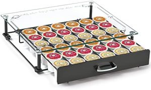 Supports pour capsules de café   | Tiroir de rangement en verre trempé cristal pour capsules de café compatible avec une capacité de 36 capsules – Organisateur de support K Cup pour comptoir, café, cuisine, bureau à domicile – 14,2 × 13,4 × 3,3 pouces – Gris foncé Supports pour capsules de café Supports pour capsules de café