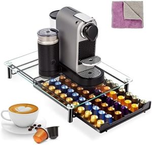 Supports pour capsules de café   | Tiroir de rangement pour 60 capsules Nespresso, organiseur de capsules de café pour Nespresso avec plateau en verre et pieds antidérapants, rack de stockage de café de grande capacité. Supports pour capsules de café Supports pour capsules de café