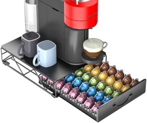 Supports pour capsules de café   | Tiroir de rangement pour capsules de café compatible avec Nespresso – 40 grandes ou 60 petites capsules Vertuoline – Organisateur de stockage en métal noir pour capsules de café Vertuo – Support de capsules de café pour Kcup – Cuisine maison Supports pour capsules de café Supports pour capsules de café