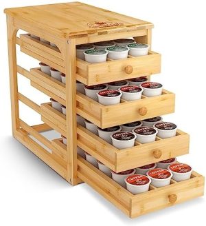 Supports pour capsules de café   | Tiroir de rangement pour dosettes de café, organisateur de dosettes de café à 4 niveaux, support de rangement pour dosettes de café, compatible avec les dosettes K Cups, 72 dosettes, en bambou, vertical. Supports pour capsules de café Supports pour capsules de café