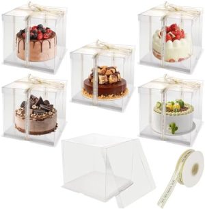 Transporteurs de gâteaux   | 5 pièces de boîte à gâteau transparente 1 x 1 x 9 pouces, boîte à gâteau haute avec ruban, grande boîte à gâteau transparente avec couvercle pour anniversaire, mariage, festival, fête, anniversaire. Transporteurs de gâteaux Transporteurs de gâteaux