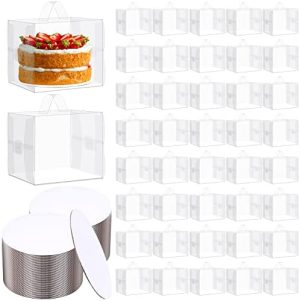 Transporteurs de gâteaux   | 50 pièces de boîtes à gâteaux transparentes et 50 pièces de plateaux à gâteaux ronds blancs de 6 pouces 6x6x5 pouces, boîtes de boulangerie transparentes avec plateaux, transporteur à gâteaux en plastique avec couvercle et poignée pour mariage, anniversaire, baby shower, cadeaux de fête. Transporteurs de gâteaux Transporteurs de gâteaux