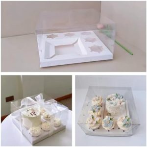 Transporteurs de gâteaux   | Boîte à gâteau Bento avec boîte entièrement transparente, boîte à gâteau de 6 pouces et 5 cupcakes, boîte à gâteau avec insert pour cupcakes, un rouleau de ruban blanc pour fête d’anniversaire en famille, pique-nique, cadeau pour la fête des mères. Transporteurs de gâteaux Transporteurs de gâteaux