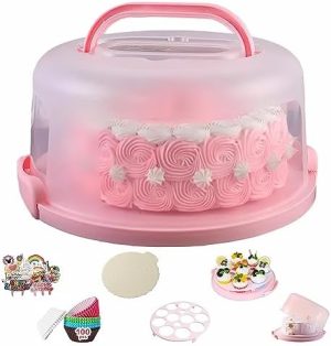 Transporteurs de gâteaux   | Boîte à gâteaux – Support rond avec couvercle et poignée pliable. Conteneur à gâteaux portable de 1 pouce, idéal pour le stockage de gâteaux d’anniversaire, cupcakes, noix et fruits (Rose). Transporteurs de gâteaux Transporteurs de gâteaux