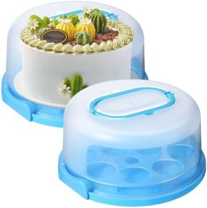 Transporteurs de gâteaux   | Layhit 2 Pièces Transporteur de Gâteau Rond en Plastique Conteneur à Gâteau de 1 Pouce Support de Gâteau avec Couvercle et Poignée Assiette à Gâteau avec Couvercle Garde-Gâteau avec 11 Trous pour Maison Restaurant Banquet Cupcakes, Bleu Transporteurs de gâteaux Transporteurs de gâteaux