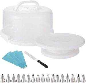 Transporteurs de gâteaux   | Porte-gâteau avec couvercle et poignée, conteneur rond pour gâteau de 10 pouces avec couvercle, support à gâteau en plastique portable avec plateau tournant et accessoires, idéal pour le transport et le stockage, kit de décoration de gâteaux. Transporteurs de gâteaux Transporteurs de gâteaux