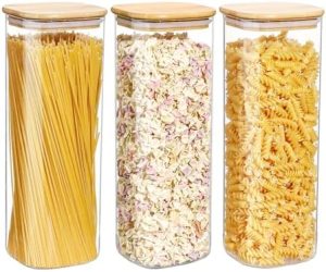 Bocaux et contenants alimentaires   | Contenants de stockage alimentaire en verre de 81 oz, ensemble de 3 grands bocaux avec couvercles en bois de bambou hermétiques pour pâtes, farine, sucre, bocaux en verre pour l’organisation et le stockage de la cuisine et du garde-manger, sans BPA. Bocaux et contenants alimentaires Bocaux et contenants alimentaires