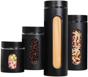 Bocaux et contenants alimentaires   | Ensemble de 4 bocaux en acier inoxydable pour cuisine avec fenêtre en verre et couvercle hermétique, parfait pour le stockage du café, des spaghettis, du sucre, des haricots et des ingrédients secs (noir) Bocaux et contenants alimentaires Bocaux et contenants alimentaires