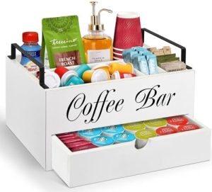 Supports pour capsules de café   | Accessoires de bar à café Organisateur de comptoir, Organisateur de station à café en bois avec poignée, Panier de rangement K Cup, Supports de dosettes à café avec tiroir, Organisateur de condiments à café de style ferme pour la décoration de bar à café. Supports pour capsules de café Supports pour capsules de café