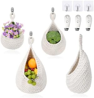 Panier de cuisine suspendu   | 3Pcs Panier Mural, Panier Mural Boho Tissé à la Main, Sac Suspendu Bohemian pour Fruits, Panier Décoratif avec 6 Crochets pour Cuisine, Maison, Hôtel. Panier de cuisine suspendu Panier de cuisine suspendu