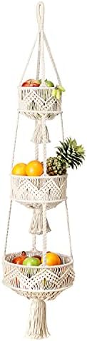 Panier de cuisine suspendu   | Panier à fruits suspendu à 3 niveaux pour la cuisine, panier en macramé pour le stockage des fruits et légumes, paniers muraux boho pour l’organisation, décoration boho pour les plantes d’intérieur, 46 pouces de long. Panier de cuisine suspendu Panier de cuisine suspendu