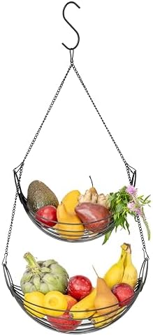 Panier de cuisine suspendu   | Panier à Fruits Suspendu pour Cuisine (Noir) – Panier de Cuisine en Fer en Forme de Canoë à 2 Niveaux – Panier à Fruits Suspendu Élégant avec Chaînes Résistantes aux Enchevêtrements – Panier à Légumes Suspendu en Fil pour le Rangement des Produits. Panier de cuisine suspendu Panier de cuisine suspendu