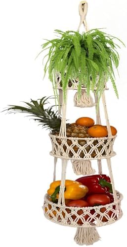 Panier de cuisine suspendu   | Panier de Fruits Suspendu, Panier de Produits à 3 Niveaux pour Cuisine, Support à Fruits en Macramé Coton à Trois Niveaux, Décoration Boho – Suspensions pour Plantes d’Intérieur Panier de cuisine suspendu Panier de cuisine suspendu