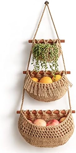 Panier de cuisine suspendu   | Panier suspendu à fruits, organisateur à 3 niveaux à accrocher au-dessus de la porte, paniers muraux en jute tissés à la main pour l’organisation, décor boho, rangement pour la cuisine, le salon et la salle de bain/chambre. Panier de cuisine suspendu Panier de cuisine suspendu